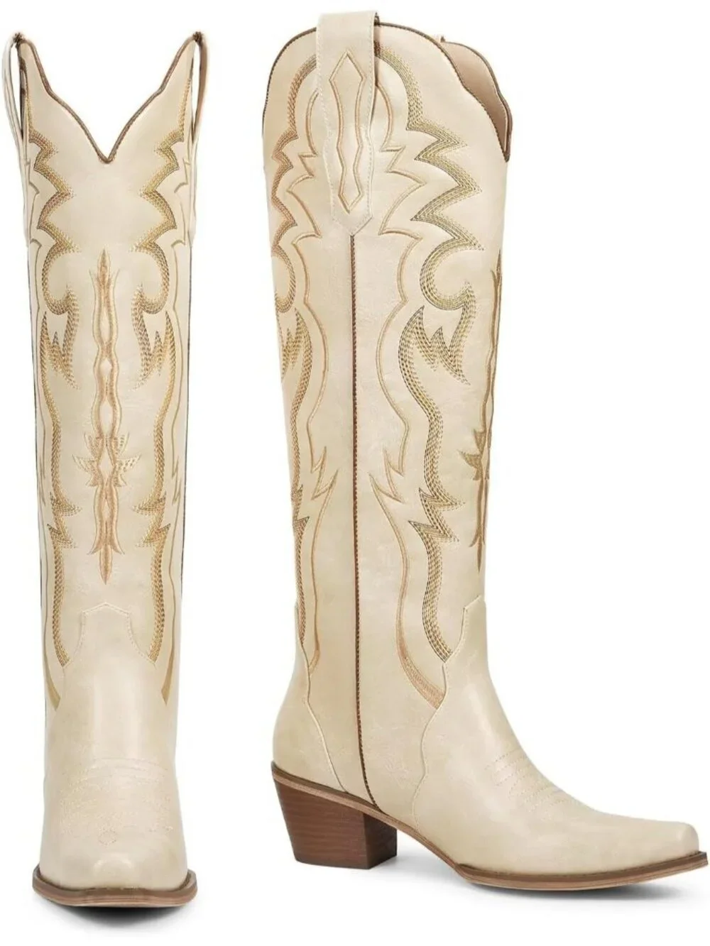Women's Matte Beige Chunky Heel Slip on Pointed Knee High Cowgirl Tall Boots
